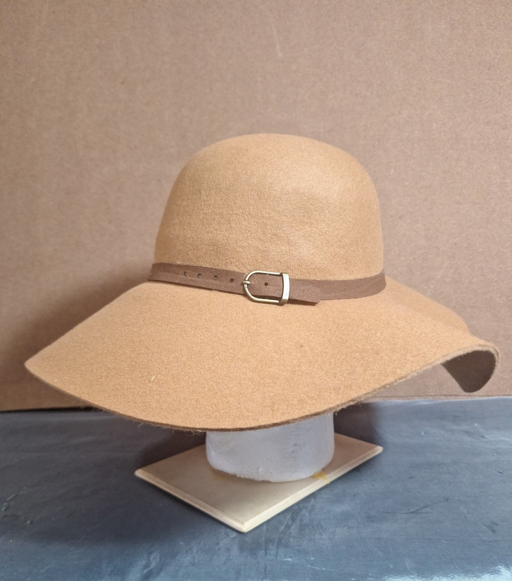 Wide Brim Fedora Women OS Beige Wool Felt Boho Floppy Hat Ribbon AMH1364
